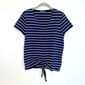 Jones New York Navy White Striped V-Neck Tie Front T-Shirt ~Petite M~ Nautical